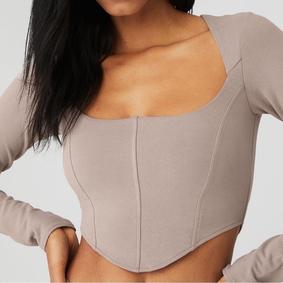 ALO Yoga Soft Sculpt Long Sleeve Corset Crop Top Taupe Sz L - Picture 5 of 13